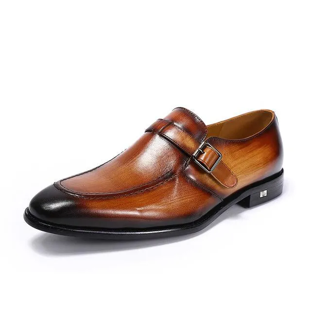 Elegant Handmade Pointed Toe Brown Leather Buckle Strap Men Loafer Shoes