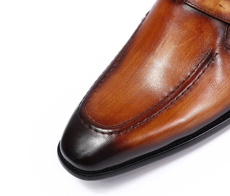 Elegant Handmade Pointed Toe Brown Leather Buckle Strap Men Loafer Shoes