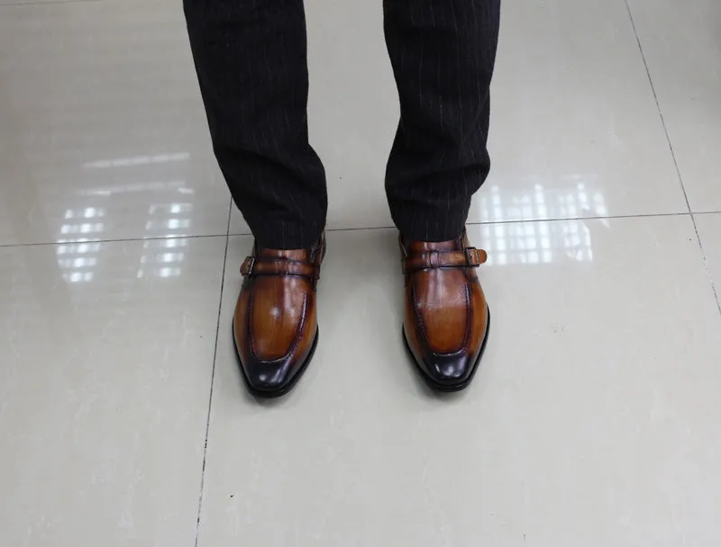 Elegant Handmade Pointed Toe Brown Leather Buckle Strap Men Loafer Shoes