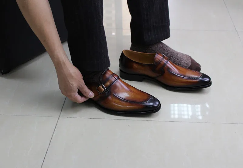 Elegant Handmade Pointed Toe Brown Leather Buckle Strap Men Loafer Shoes