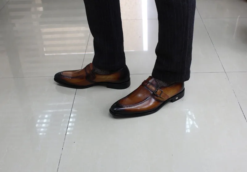 Elegant Handmade Pointed Toe Brown Leather Buckle Strap Men Loafer Shoes