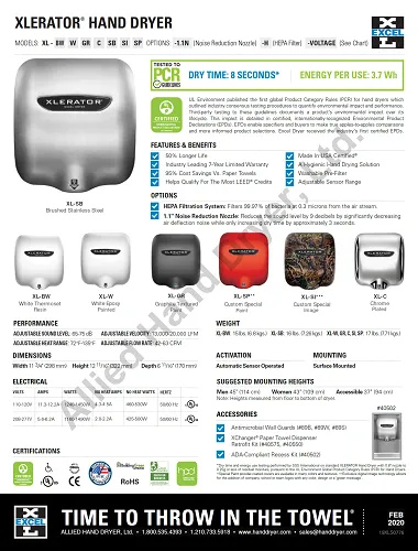 Excel Dryer XLERATOR® XL-SB Hand Dryer - Brushed Stainless Steel High Speed Automatic Surface-Mounted