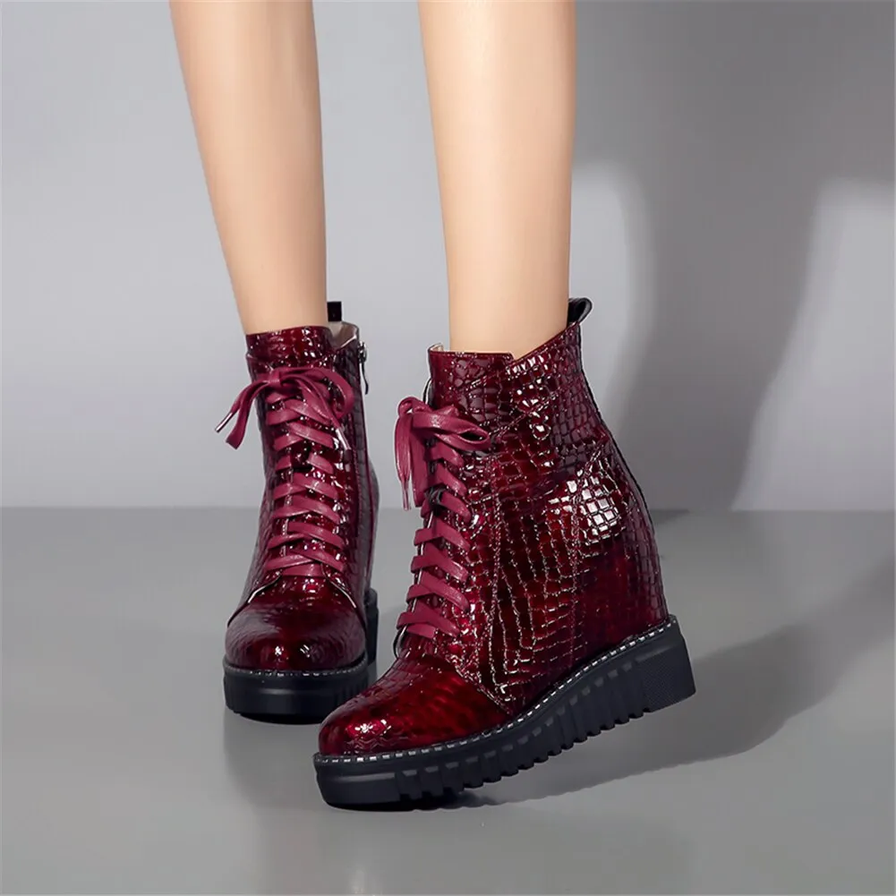 Fashion Patent Cow Leather Platform Ankle Boots