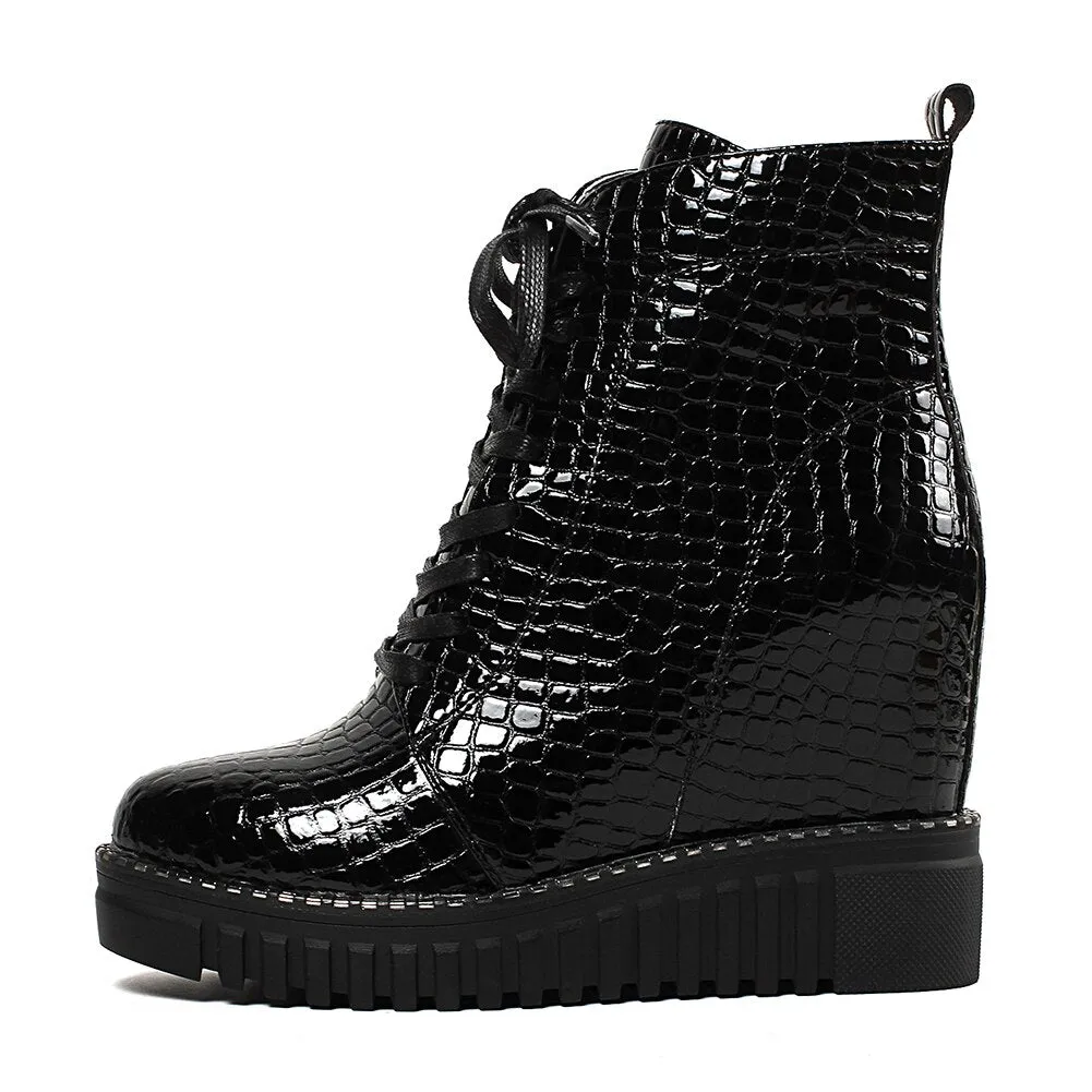 Fashion Patent Cow Leather Platform Ankle Boots