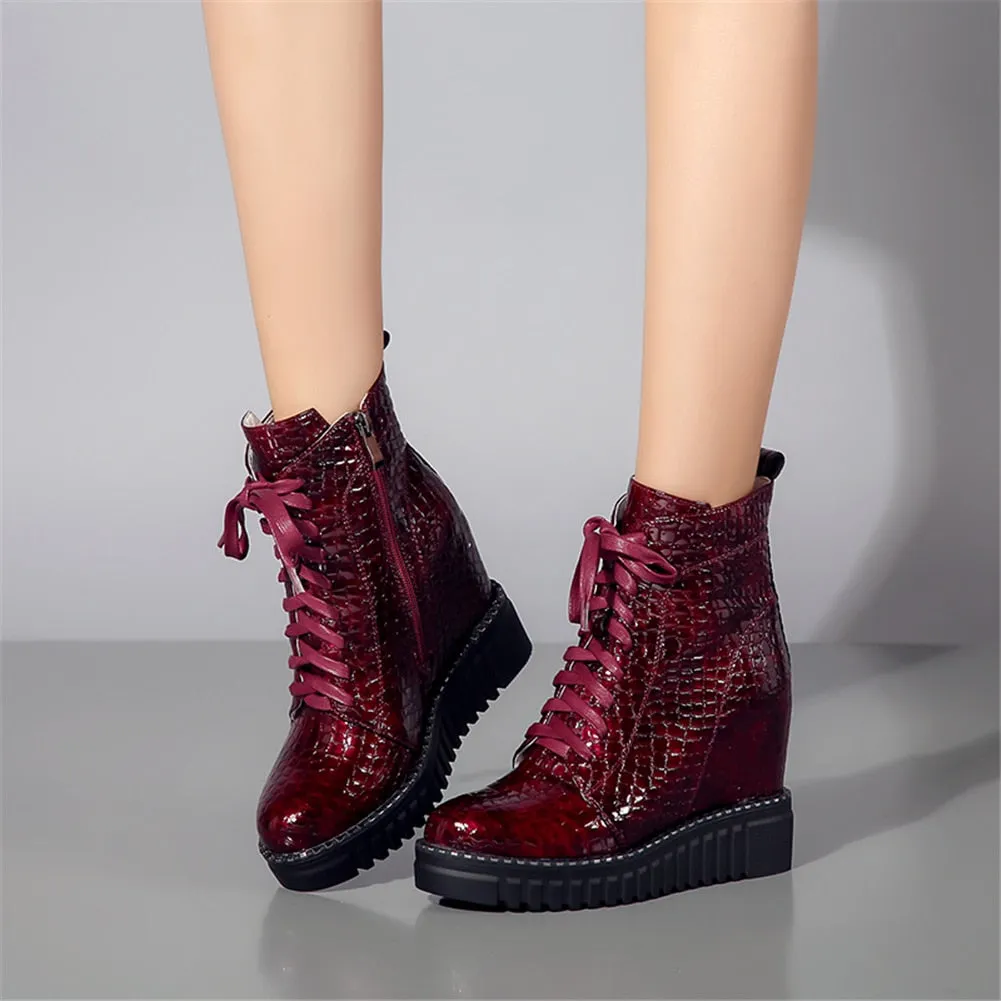 Fashion Patent Cow Leather Platform Ankle Boots