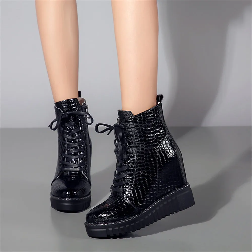 Fashion Patent Cow Leather Platform Ankle Boots