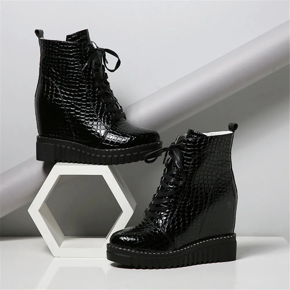 Fashion Patent Cow Leather Platform Ankle Boots