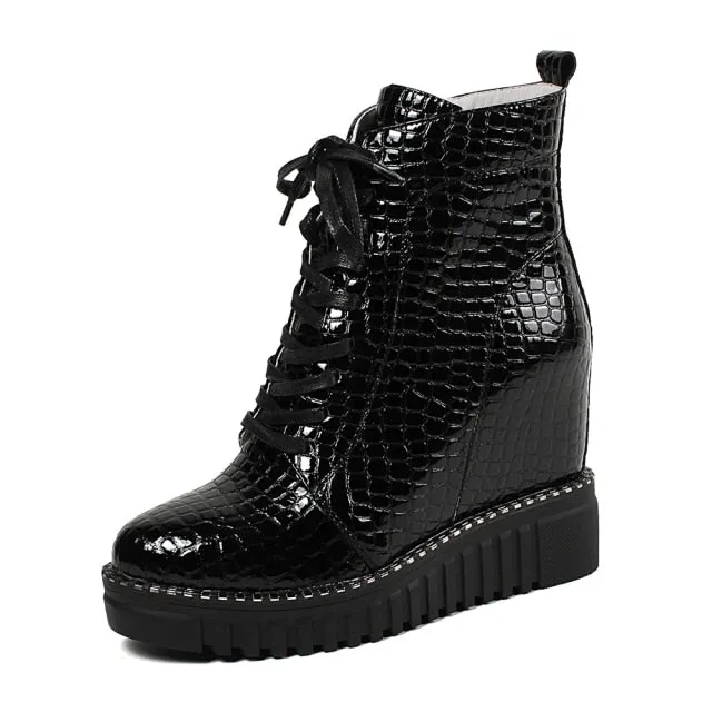 Fashion Patent Cow Leather Platform Ankle Boots