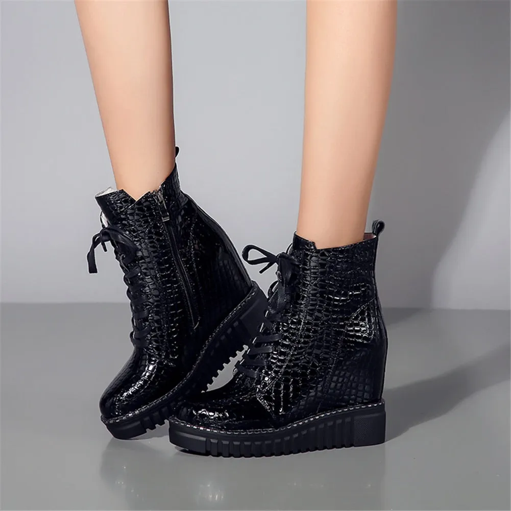 Fashion Patent Cow Leather Platform Ankle Boots