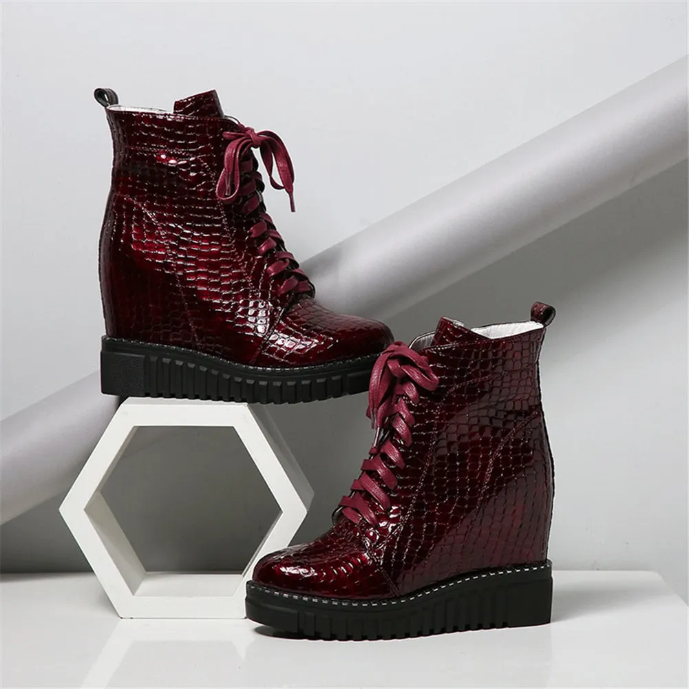 Fashion Patent Cow Leather Platform Ankle Boots