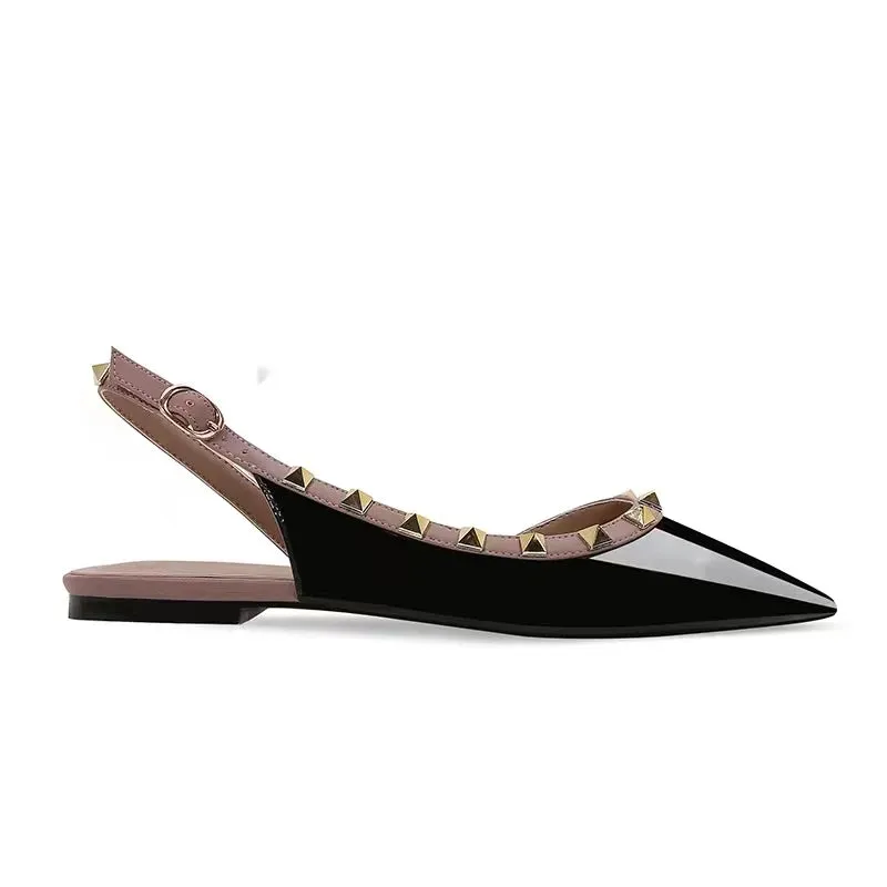 Fashion Studded Pointed Toe Flats Leather Open Toe Sandals Women's Sandals Women's Flats  Shoes Woman