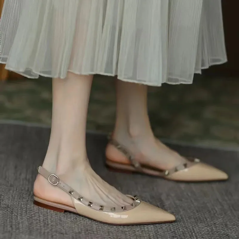 Fashion Studded Pointed Toe Flats Leather Open Toe Sandals Women's Sandals Women's Flats  Shoes Woman