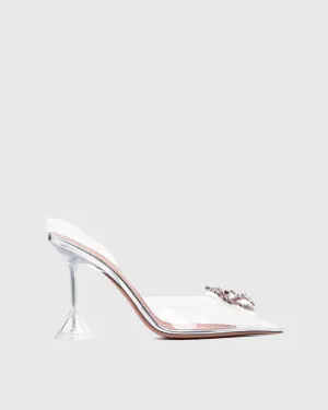 Fedora Crystal Bow PVC Slingback Flared Heels In Silver