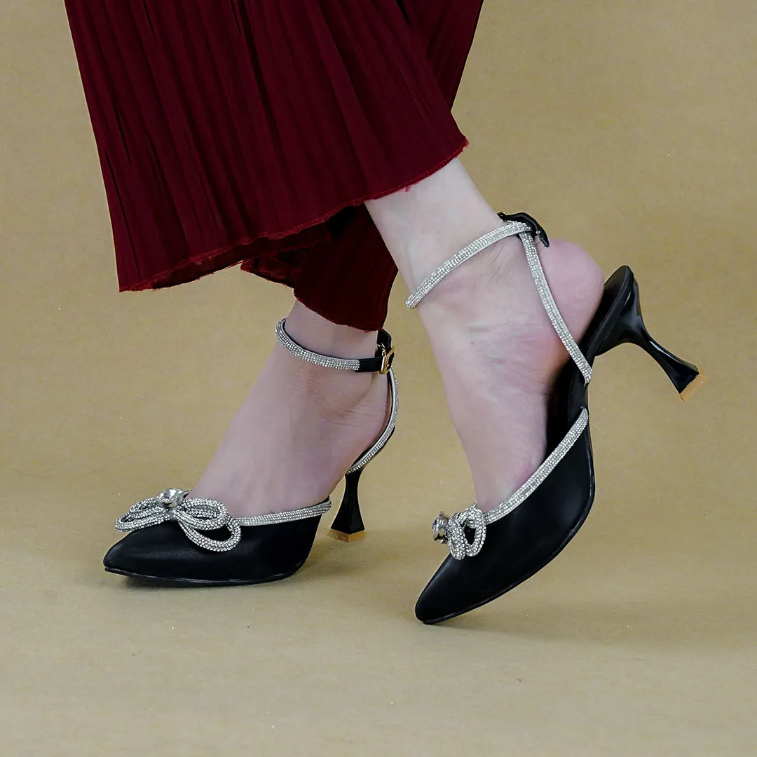 Flashy Bow Mules Black
