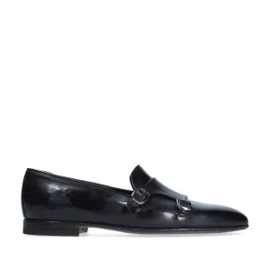 Franceschetti Sirio Men's Shoes Black Horse Leather Double Buckle Belgian Loafers (FCCT1004)