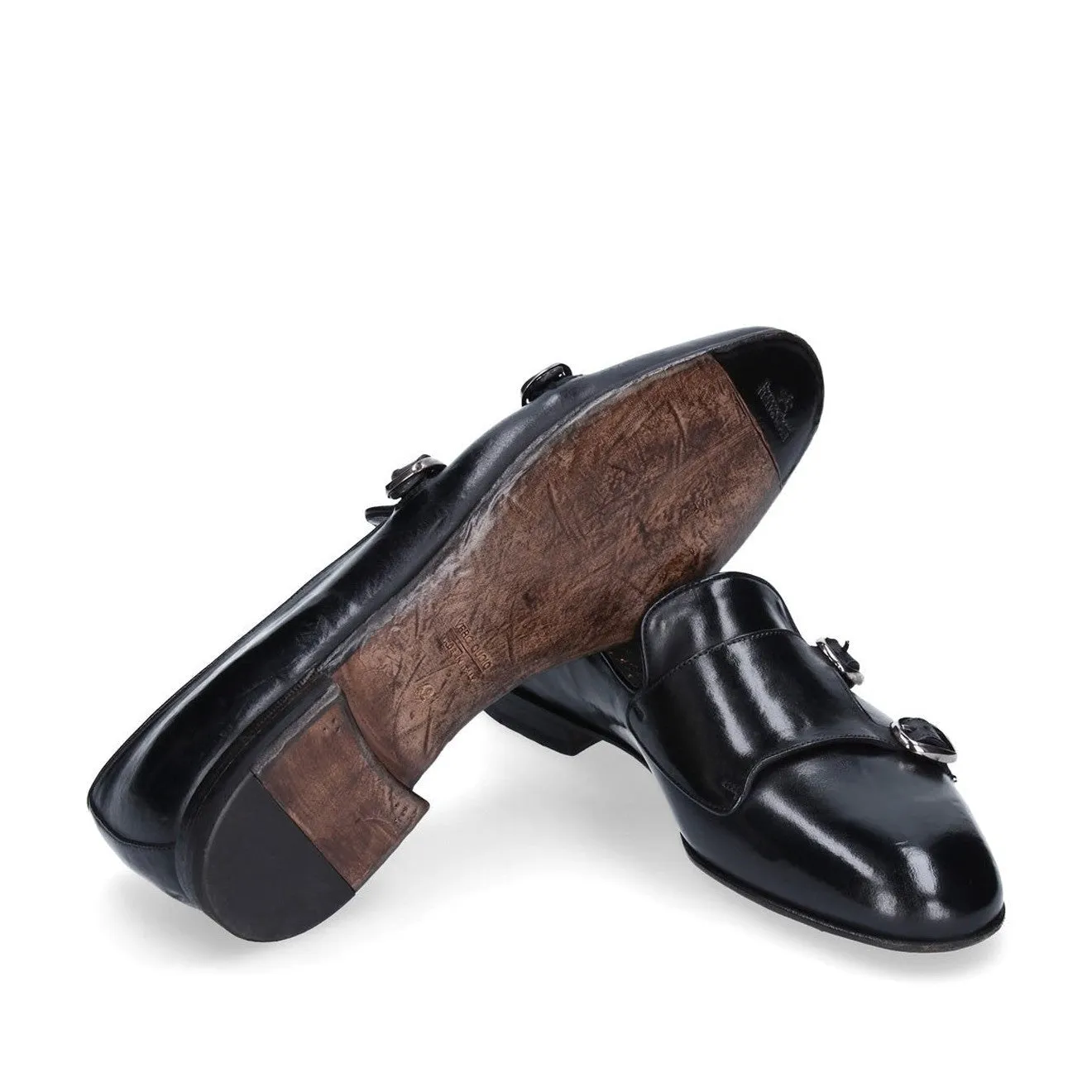 Franceschetti Sirio Men's Shoes Black Horse Leather Double Buckle Belgian Loafers (FCCT1004)