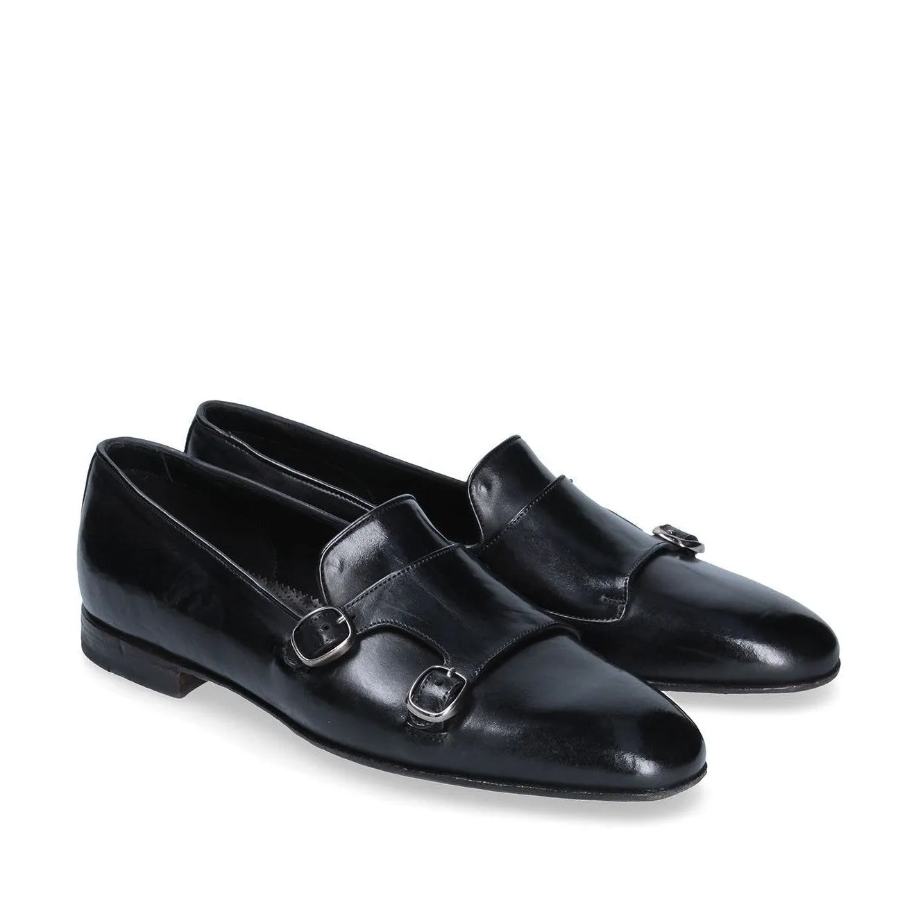 Franceschetti Sirio Men's Shoes Black Horse Leather Double Buckle Belgian Loafers (FCCT1004)