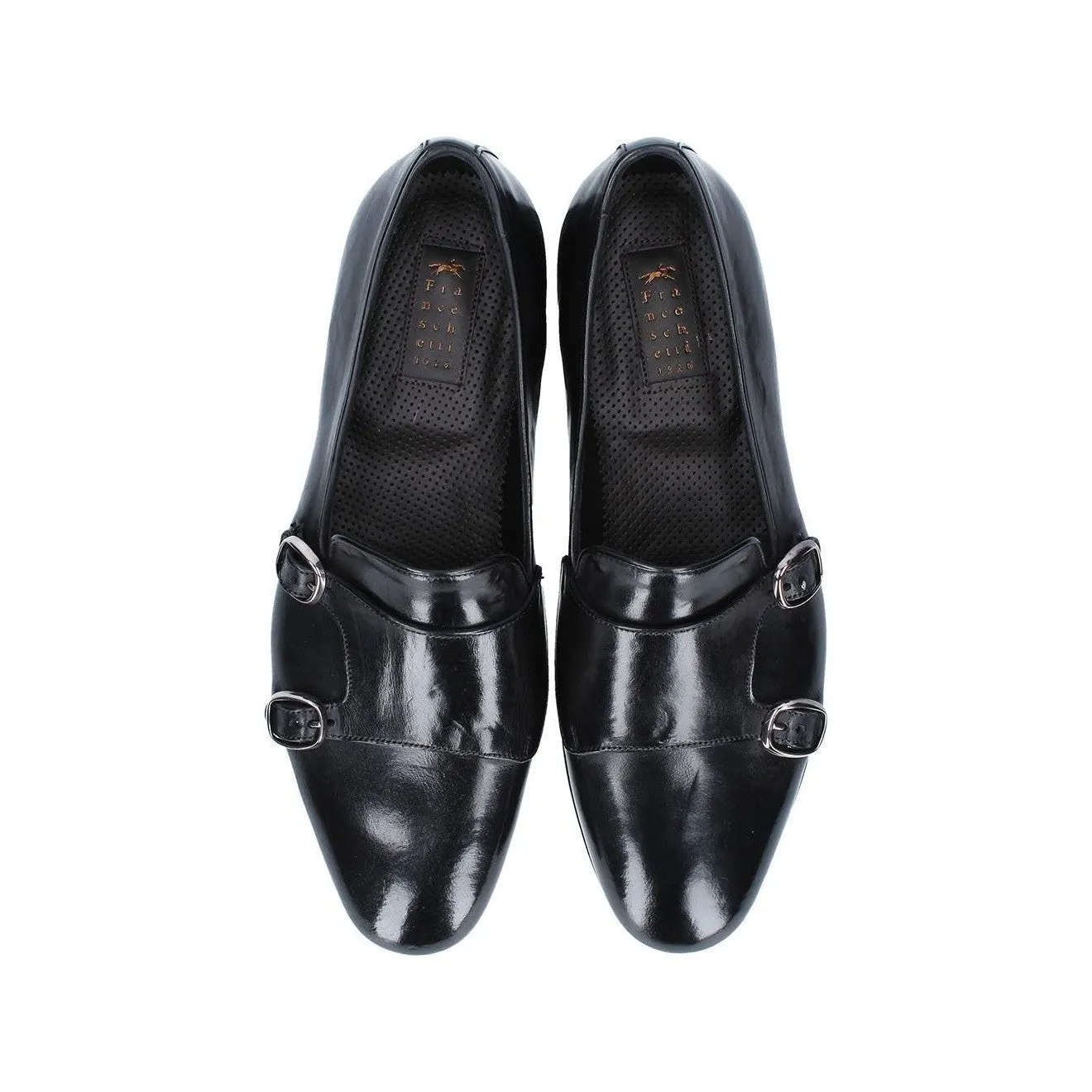 Franceschetti Sirio Men's Shoes Black Horse Leather Double Buckle Belgian Loafers (FCCT1004)
