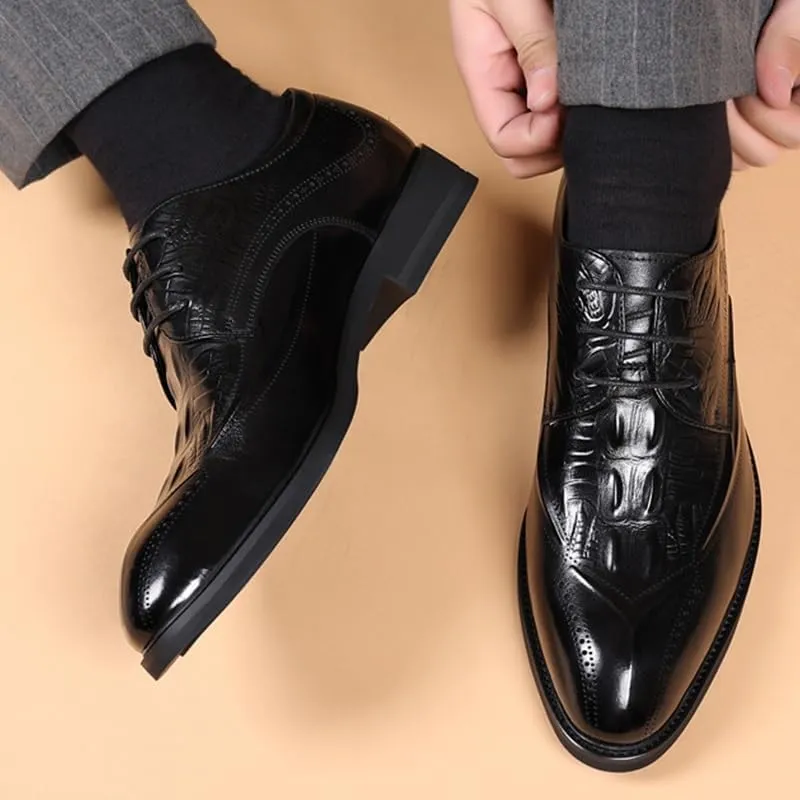 Genuine Leather Men's Dress Shoes Men Classic Burnished Toe Oxfords Shoes Non-Slip Rubber Sole Comfortable Block Heel Tuxedo Shoes