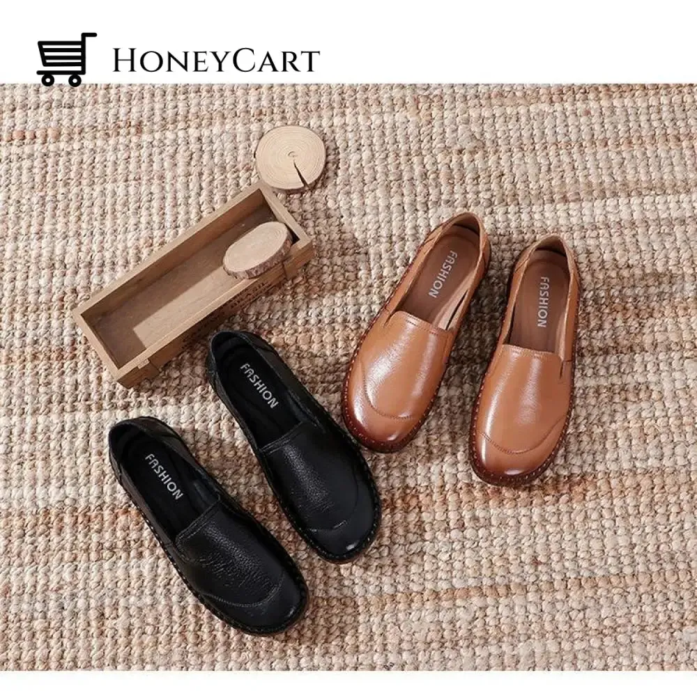 Genuine Leather Round Toe Flats Ladies Shoes for Bunions