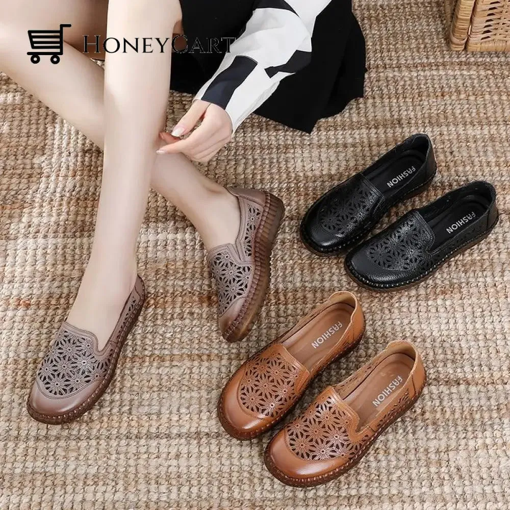 Genuine Leather Round Toe Flats Ladies Shoes for Bunions