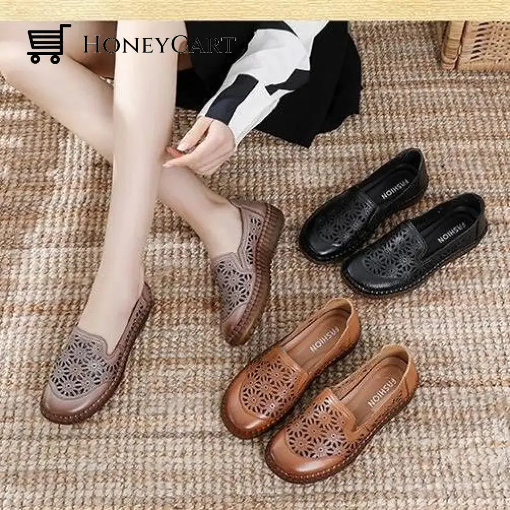 Genuine Leather Round Toe Flats Ladies Shoes for Bunions