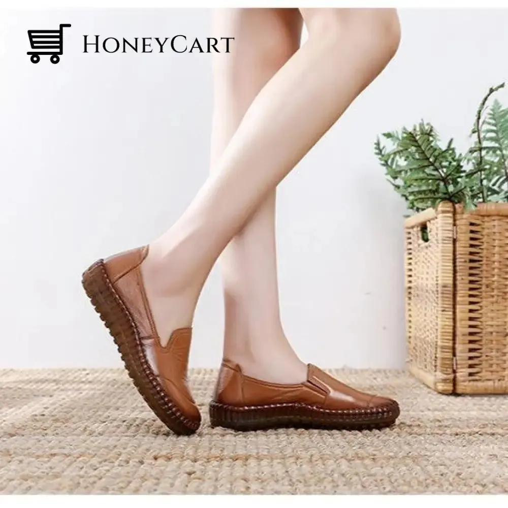 Genuine Leather Round Toe Flats Ladies Shoes for Bunions