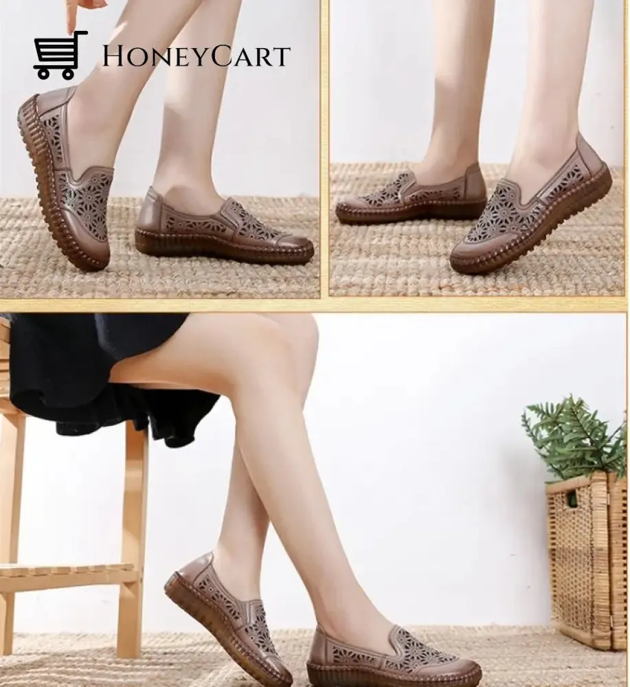 Genuine Leather Round Toe Flats Ladies Shoes for Bunions