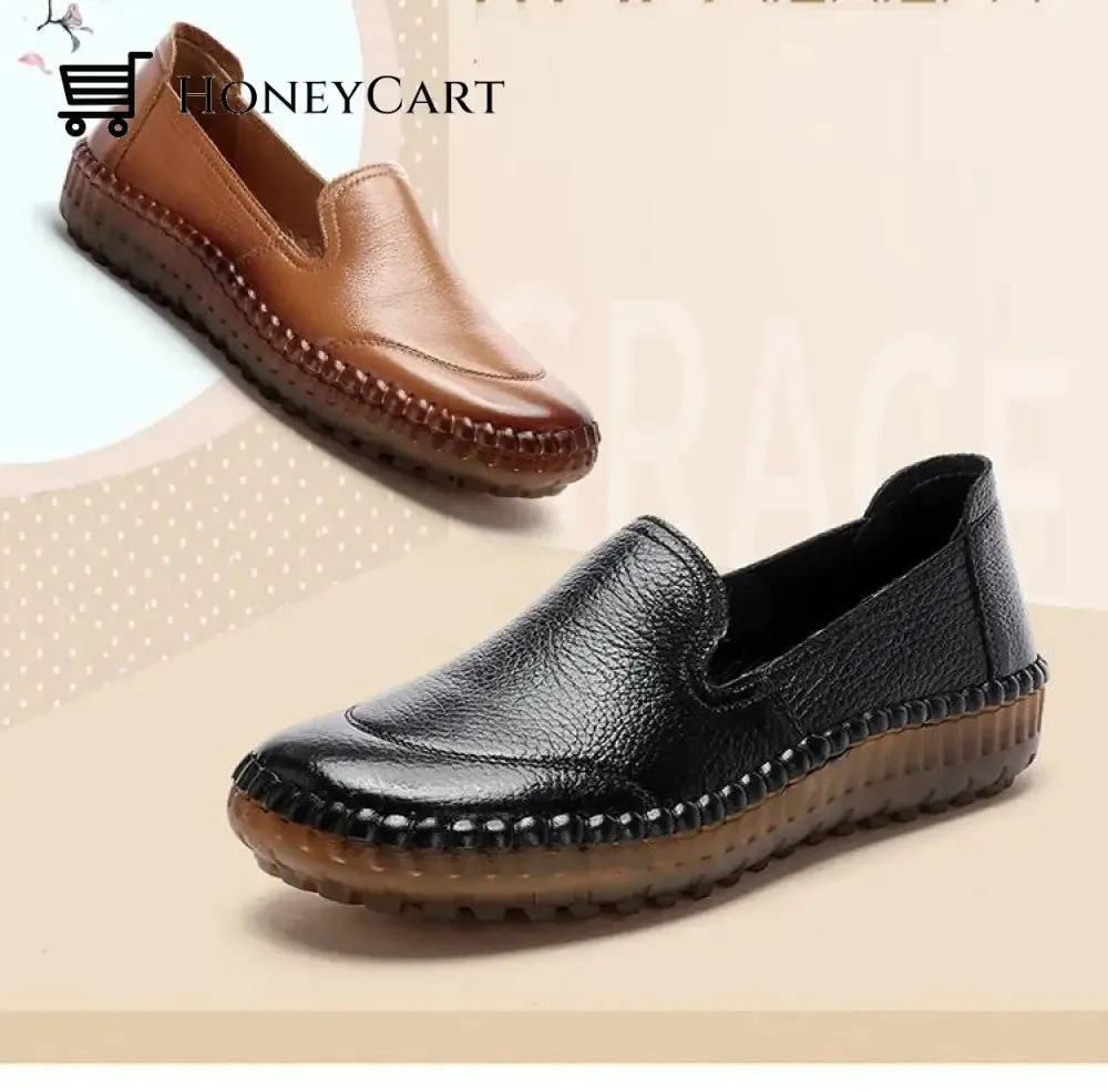 Genuine Leather Round Toe Flats Ladies Shoes for Bunions