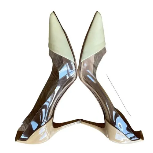 GIANVITO ROSSI Cream Patent Leather And PVC Plexi Pointed Toe Pumps Size 38