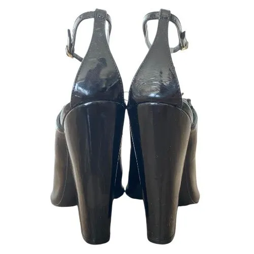 GIVENCHY Black Patent Leather Lace Up Peep Toe Ankle Strap Pumps, Size 38