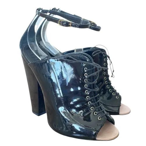 GIVENCHY Black Patent Leather Lace Up Peep Toe Ankle Strap Pumps, Size 38