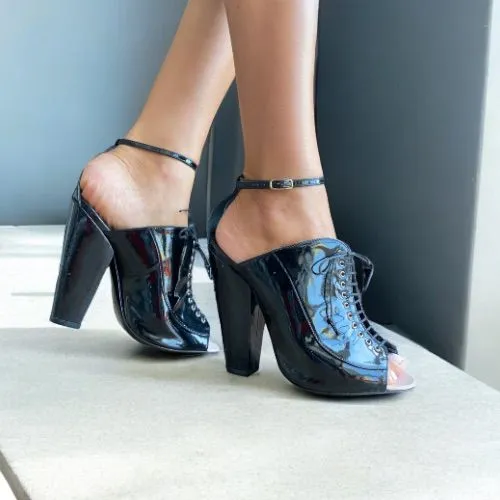 GIVENCHY Black Patent Leather Lace Up Peep Toe Ankle Strap Pumps, Size 38
