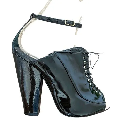 GIVENCHY Black Patent Leather Lace Up Peep Toe Ankle Strap Pumps, Size 38