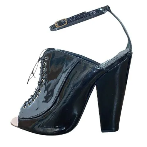 GIVENCHY Black Patent Leather Lace Up Peep Toe Ankle Strap Pumps, Size 38