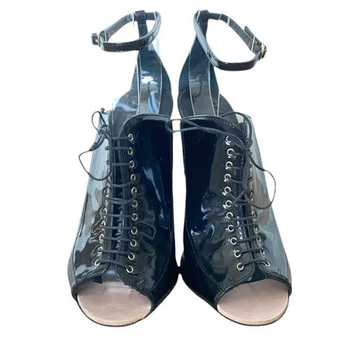 GIVENCHY Black Patent Leather Lace Up Peep Toe Ankle Strap Pumps, Size 38