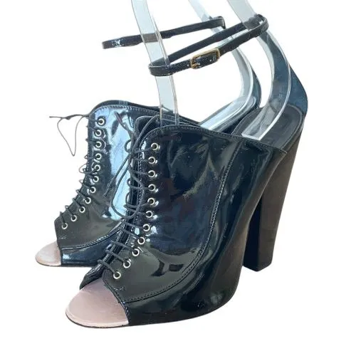 GIVENCHY Black Patent Leather Lace Up Peep Toe Ankle Strap Pumps, Size 38