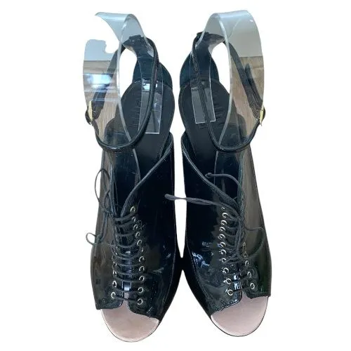 GIVENCHY Black Patent Leather Lace Up Peep Toe Ankle Strap Pumps, Size 38
