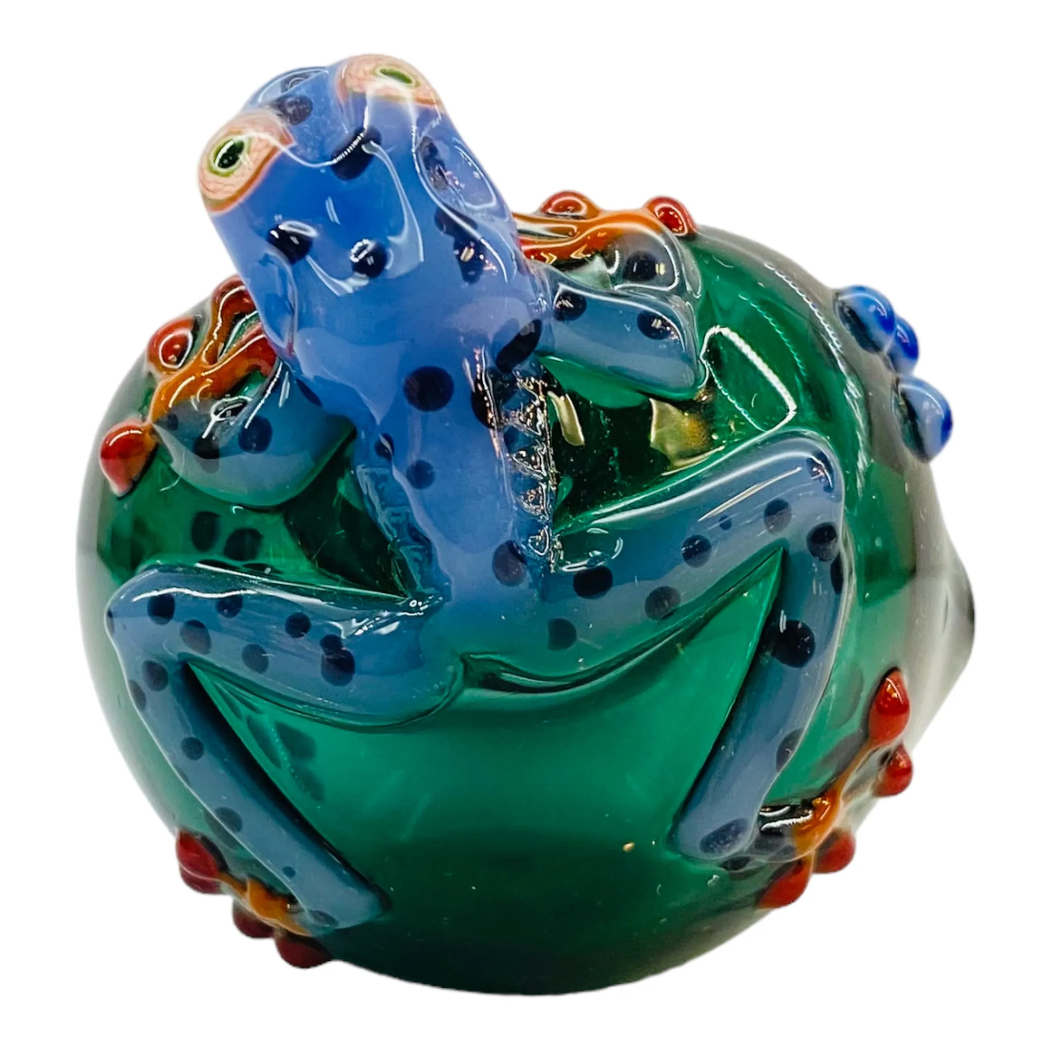Green Glass Hand Pipe With Blue Dart Frog On End