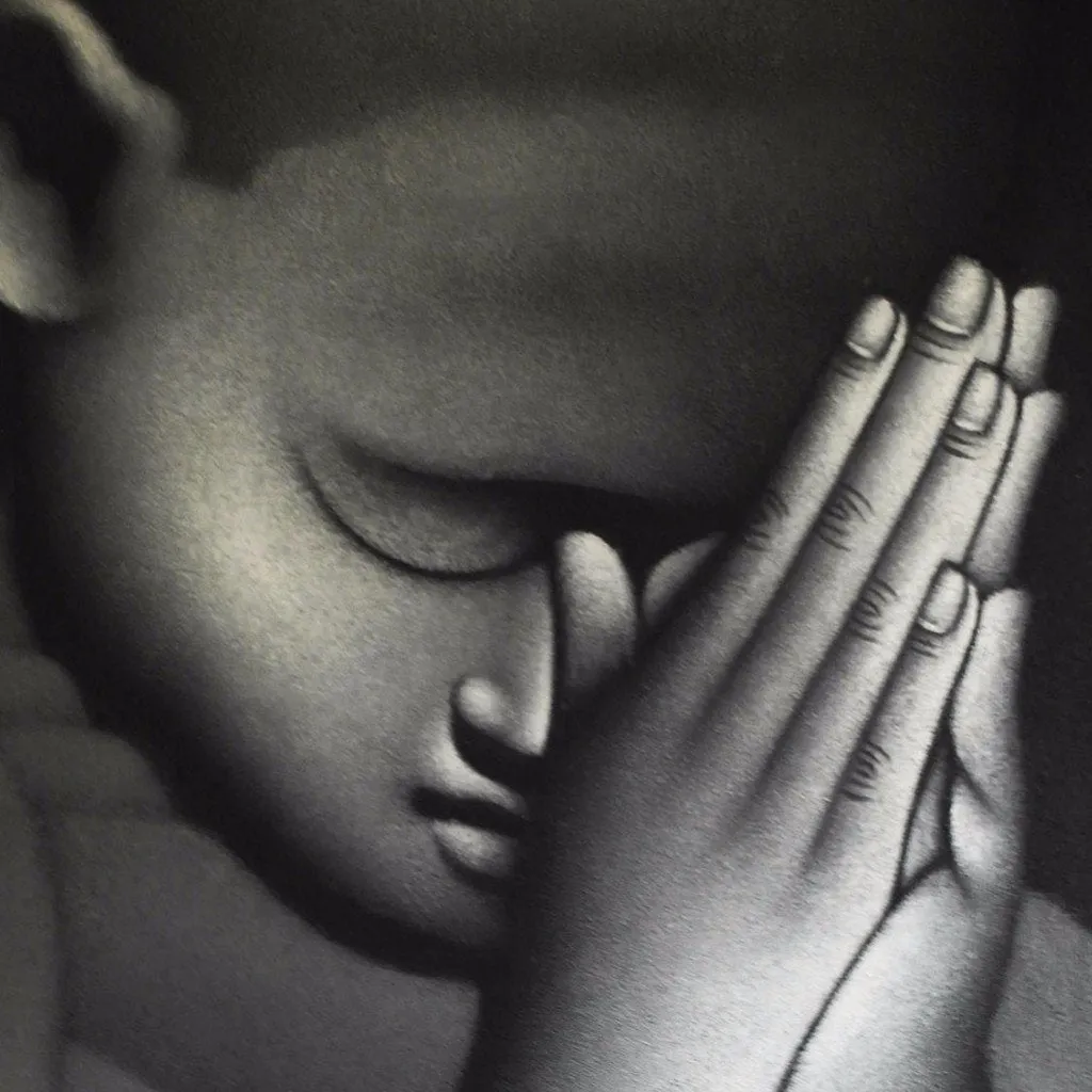 Greyscale Oil Painting of Young Monk