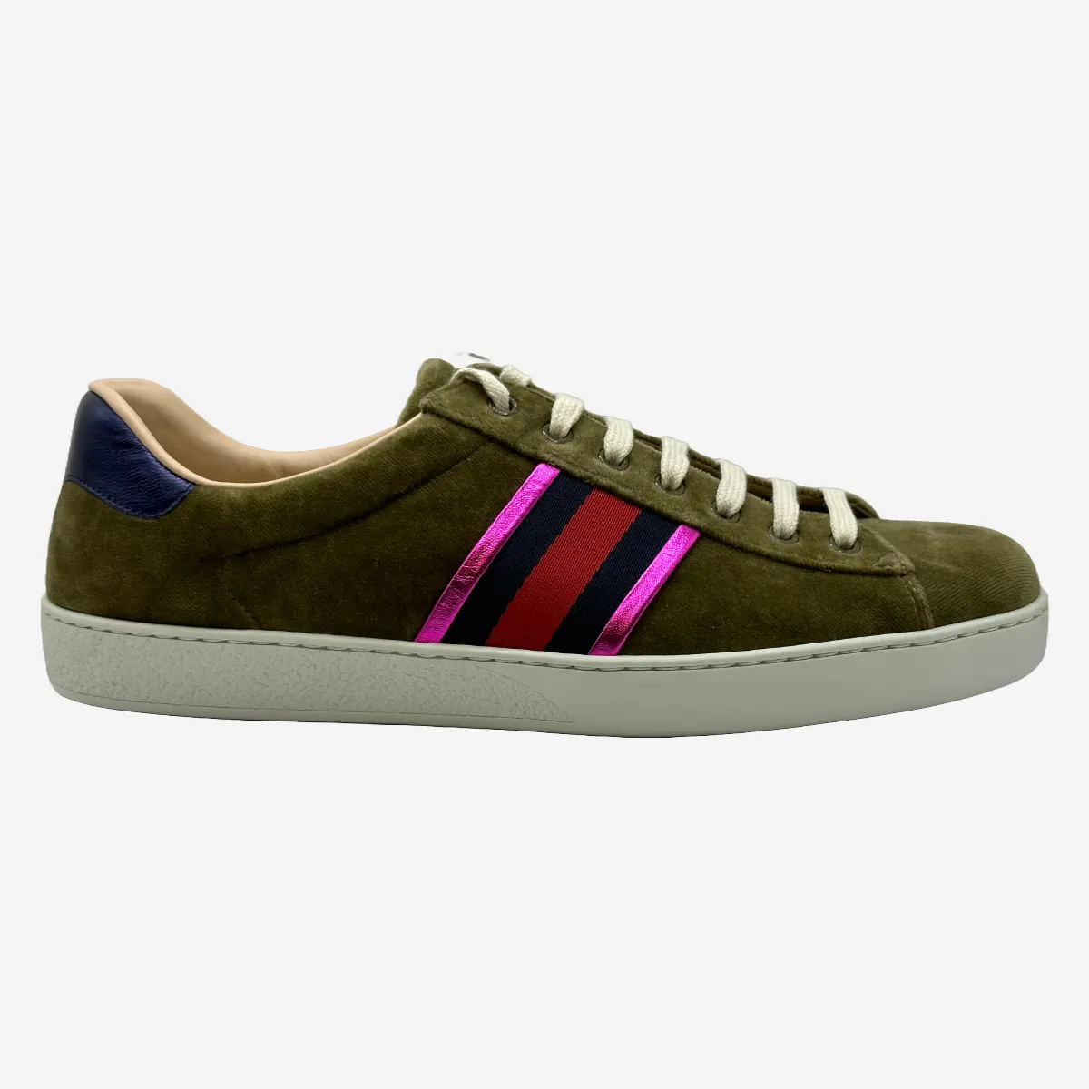 Gucci men's olive green velvet and leather sneakers with pink stripes details