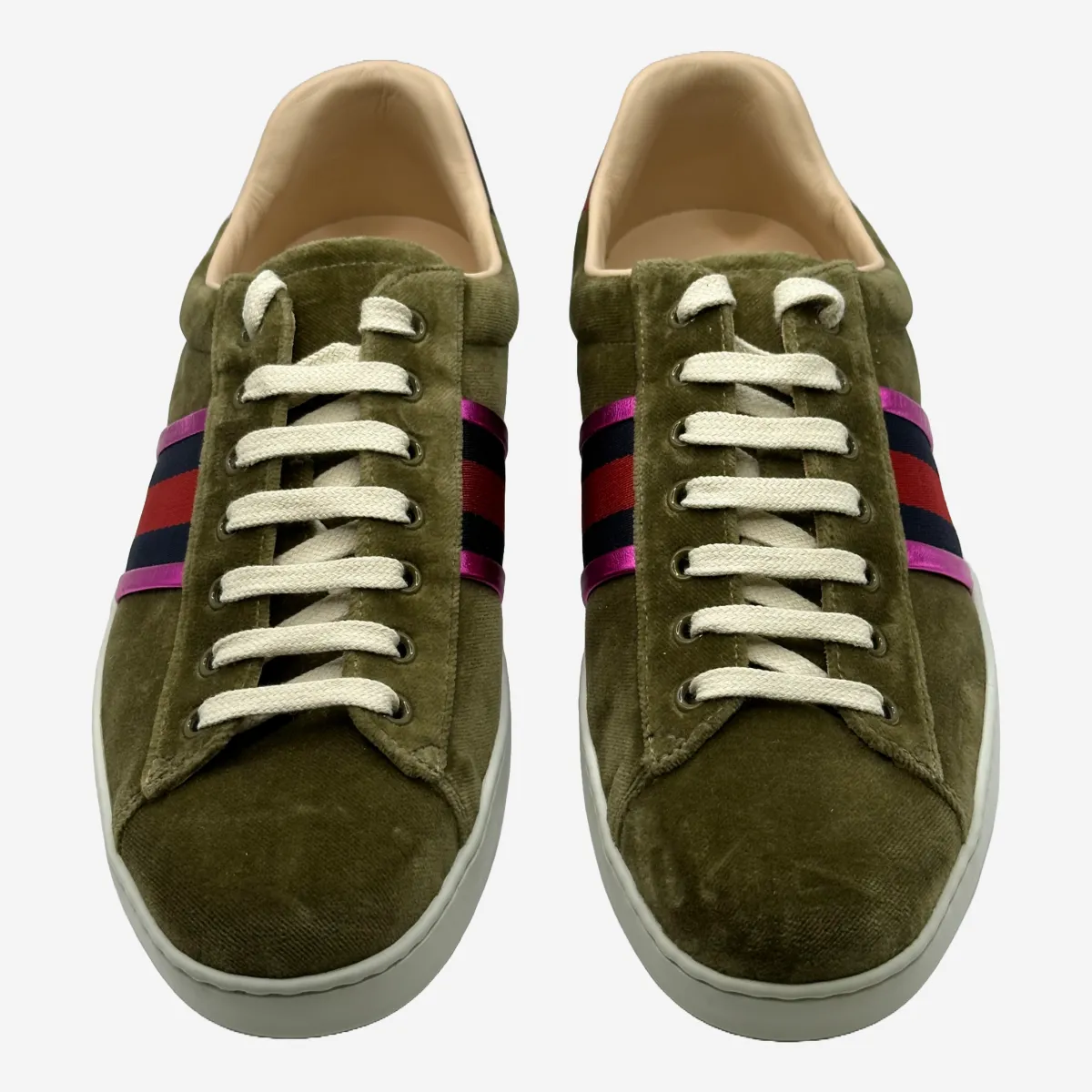 Gucci men's olive green velvet and leather sneakers with pink stripes details