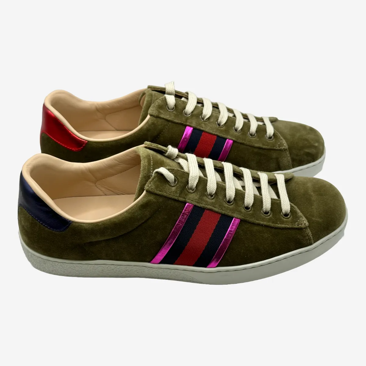 Gucci men's olive green velvet and leather sneakers with pink stripes details