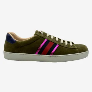 Gucci men's olive green velvet and leather sneakers with pink stripes details