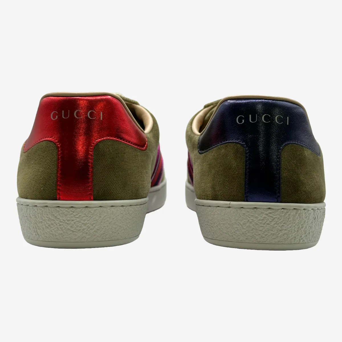 Gucci men's olive green velvet and leather sneakers with pink stripes details