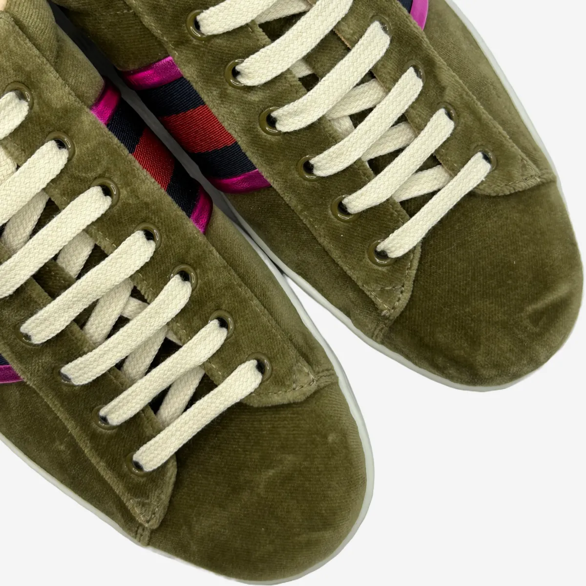 Gucci men's olive green velvet and leather sneakers with pink stripes details