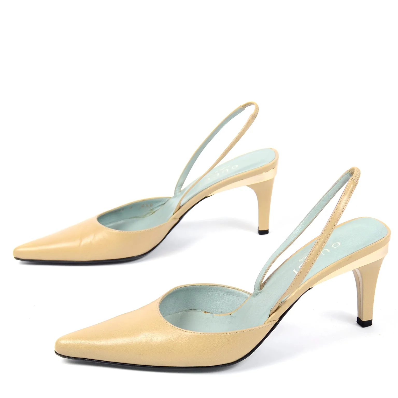 Gucci Slingback Beige Tan Leather Heels With Gold Bands 6.5