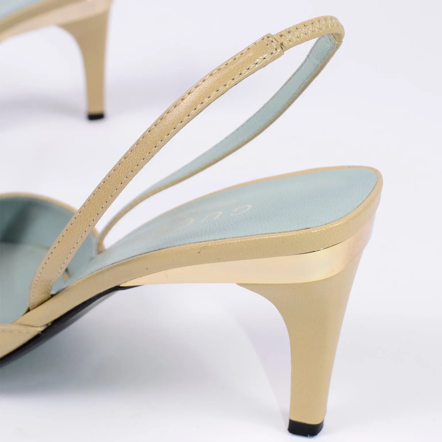 Gucci Slingback Beige Tan Leather Heels With Gold Bands 6.5