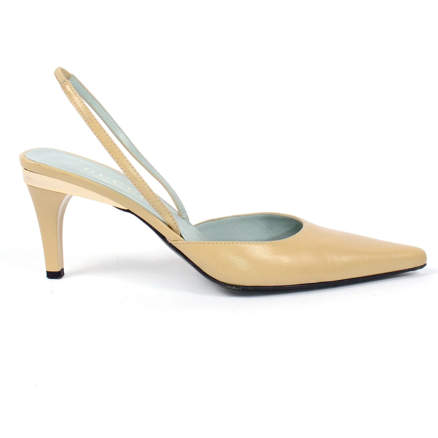 Gucci Slingback Beige Tan Leather Heels With Gold Bands 6.5