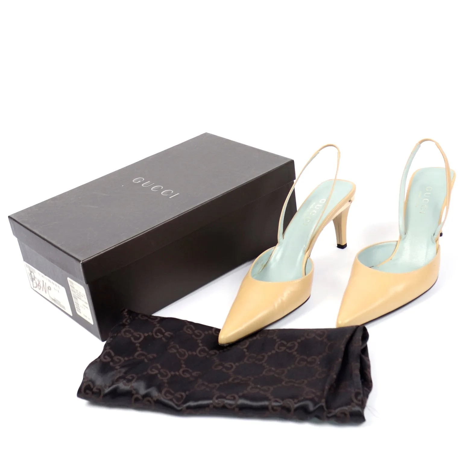 Gucci Slingback Beige Tan Leather Heels With Gold Bands 6.5